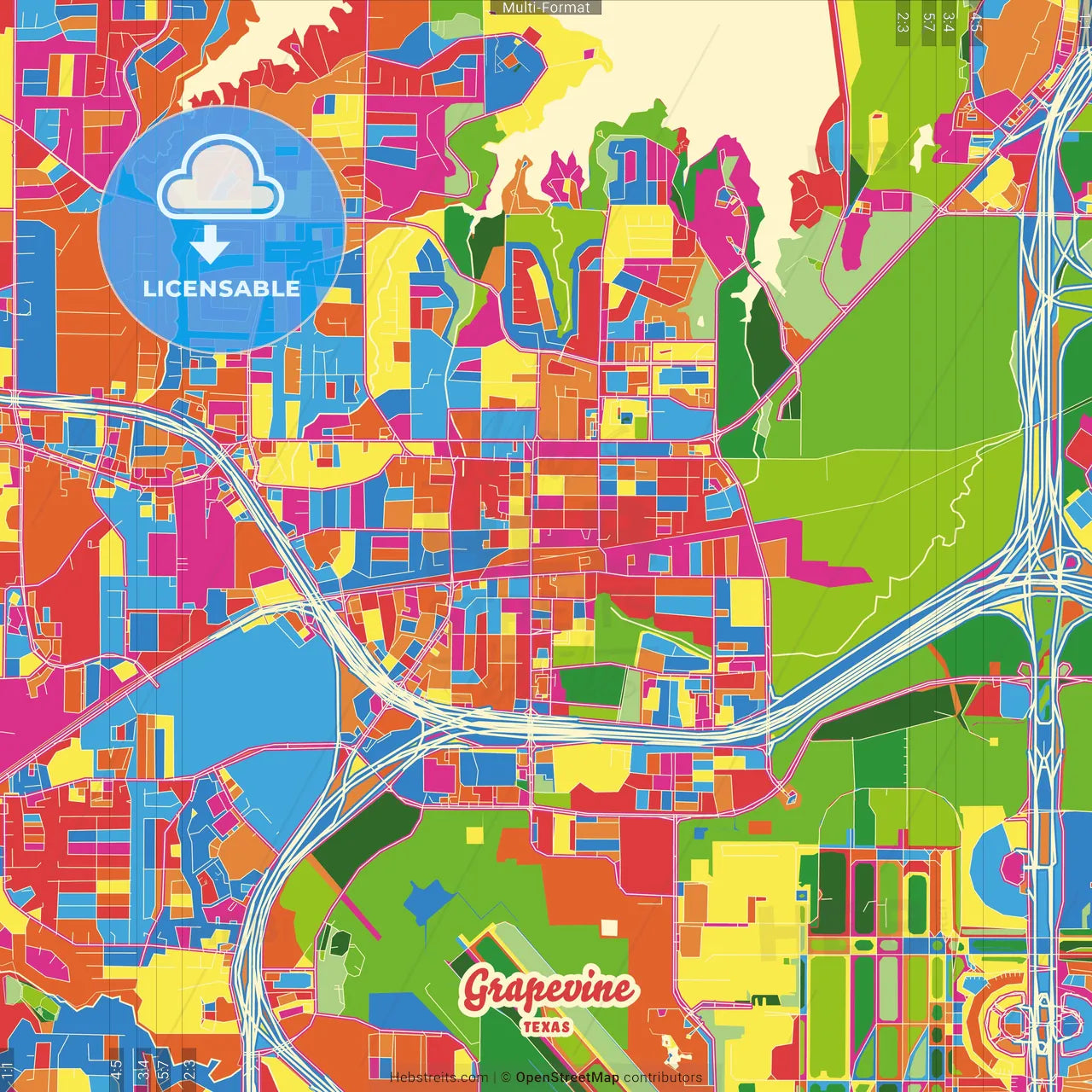 Grapevine, Texas, United States Crazy Colorful Street Map Poster Template