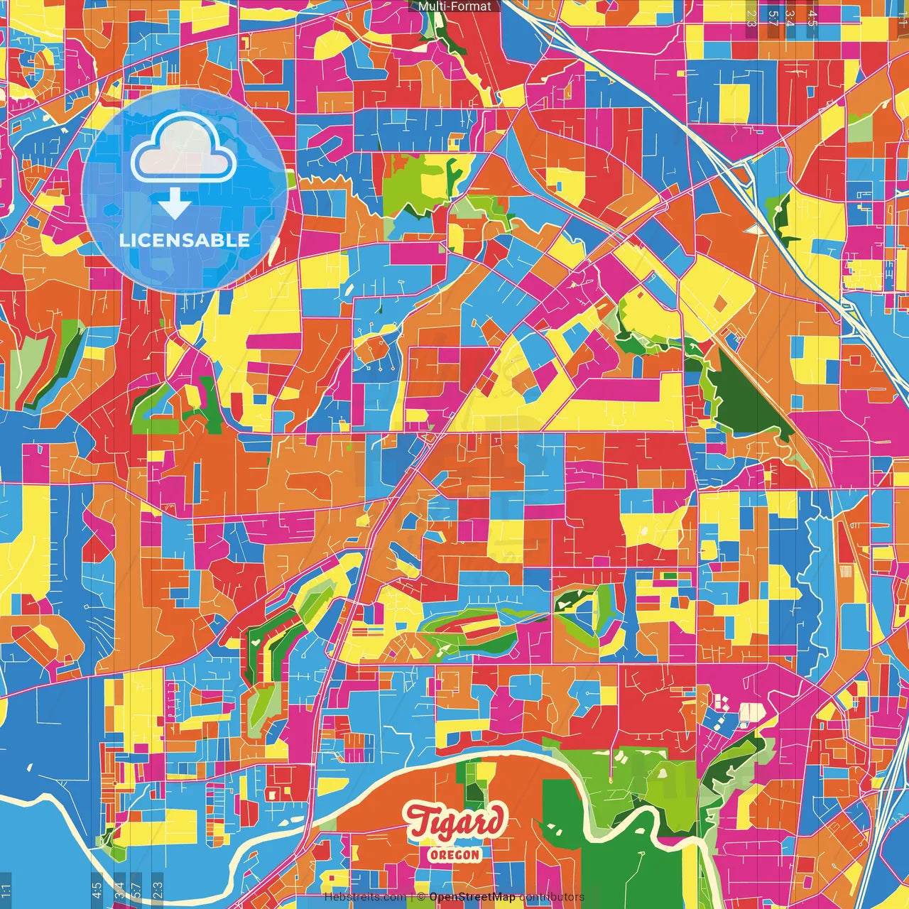 Tigard, Oregon, United States Crazy Colorful Street Map Poster Template