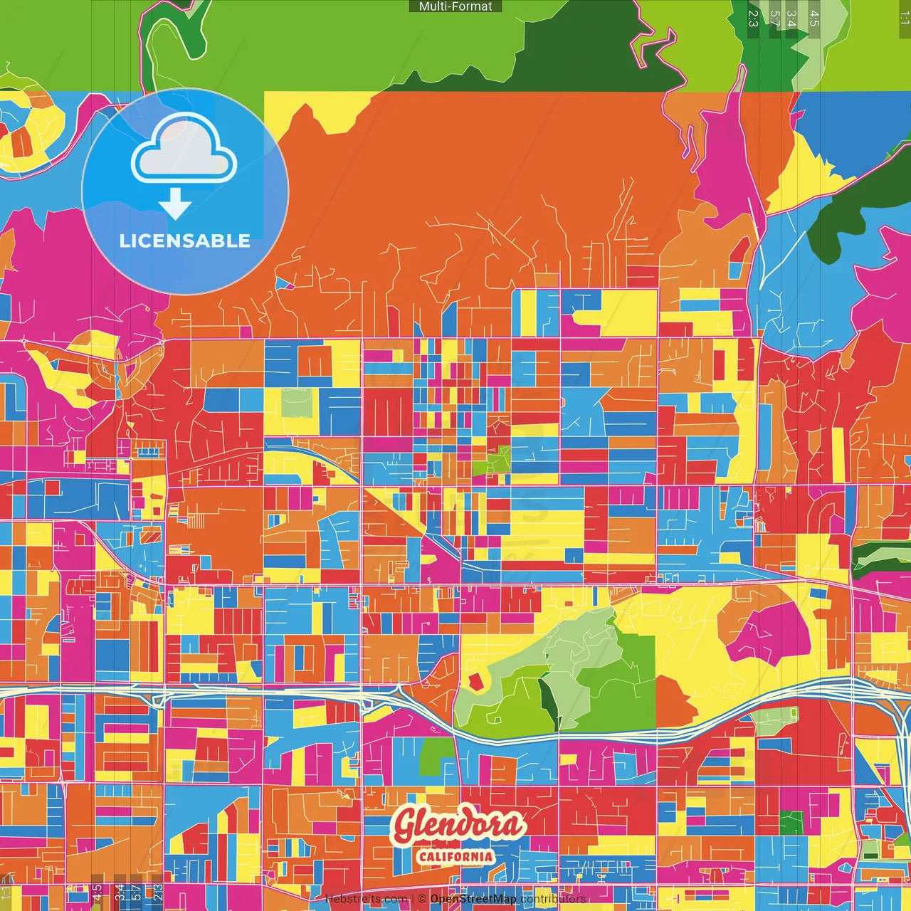 Glendora, California, United States Crazy Colorful Street Map Poster Template