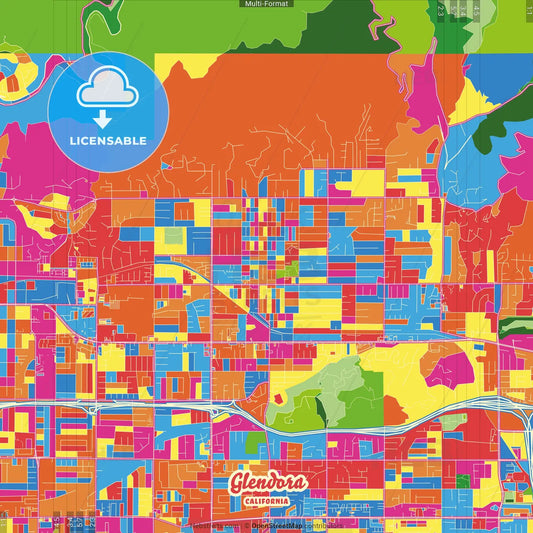 Glendora, California, United States Crazy Colorful Street Map Poster Template