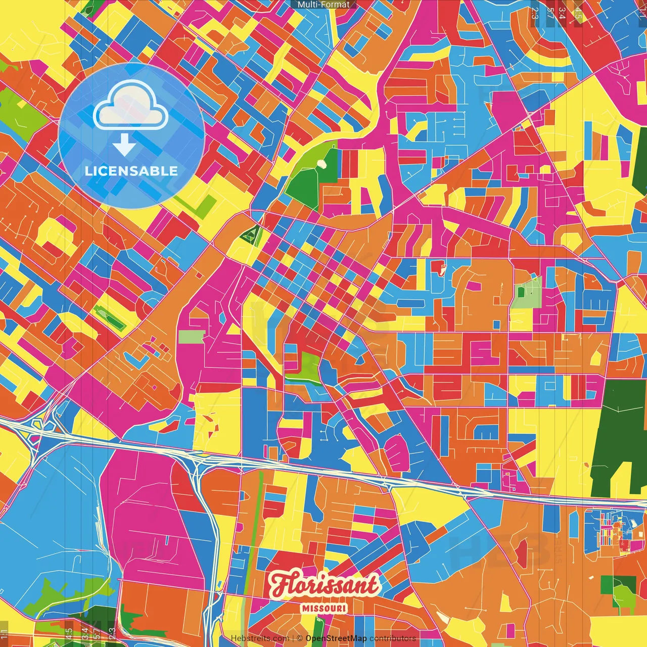 Florissant, Missouri, United States Crazy Colorful Street Map Poster Template