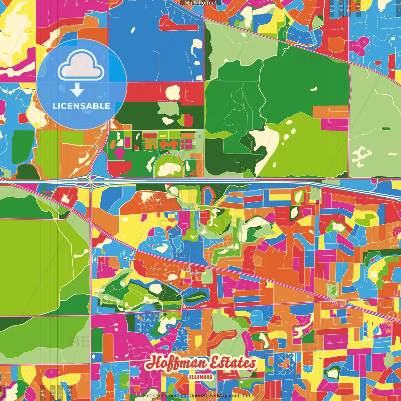 Hoffman Estates, Illinois, United States Crazy Colorful Street Map Poster Template