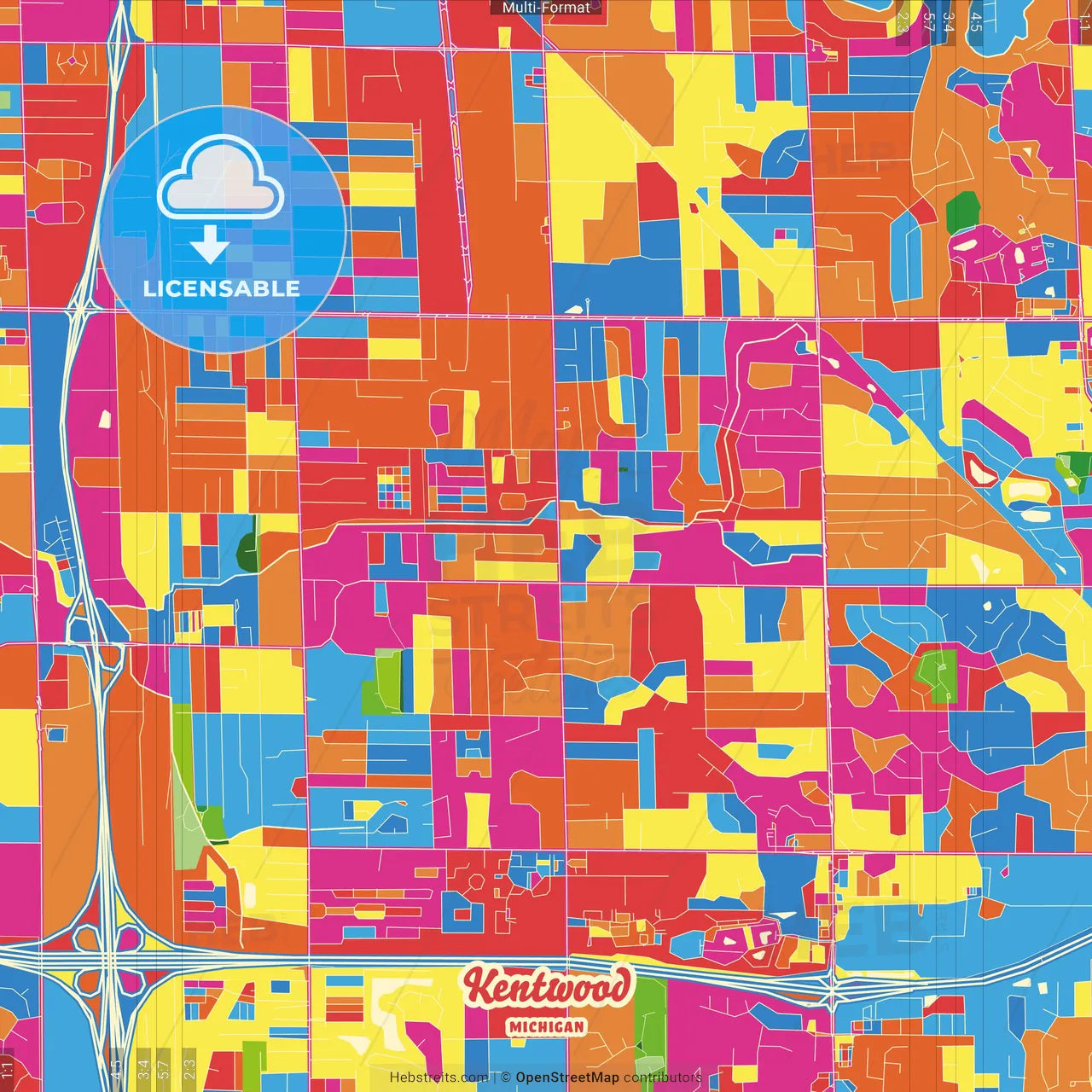 Kentwood, Michigan, United States Crazy Colorful Street Map Poster Template