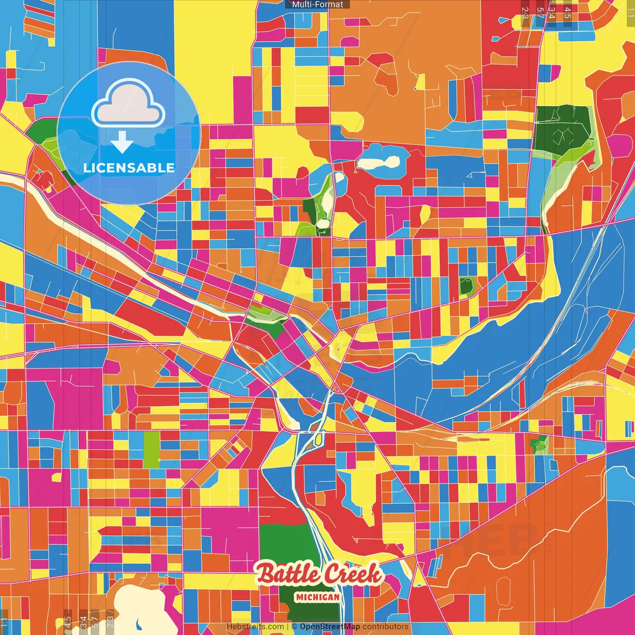 Battle Creek, Michigan, United States Crazy Colorful Street Map Poster Template