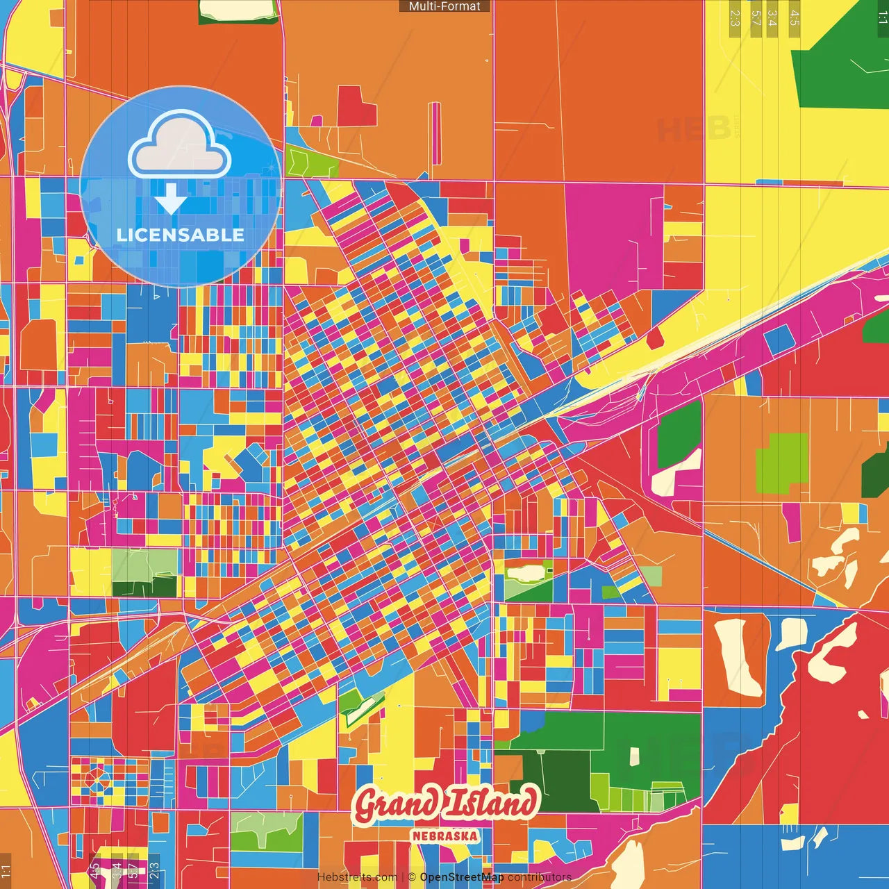 Grand Island, Nebraska, United States Crazy Colorful Street Map Poster Template