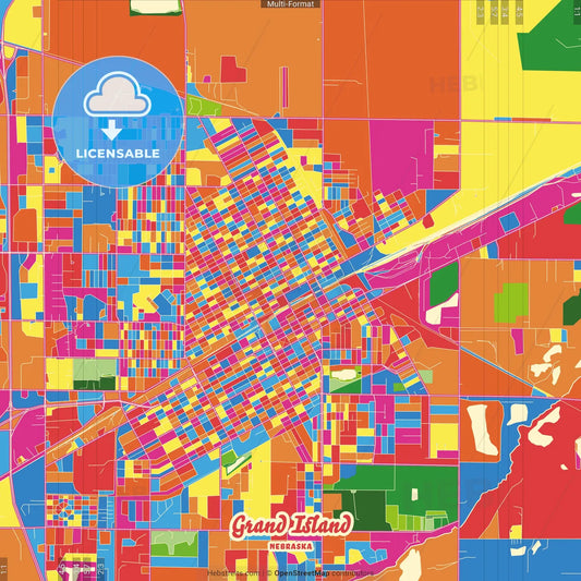 Grand Island, Nebraska, United States Crazy Colorful Street Map Poster Template