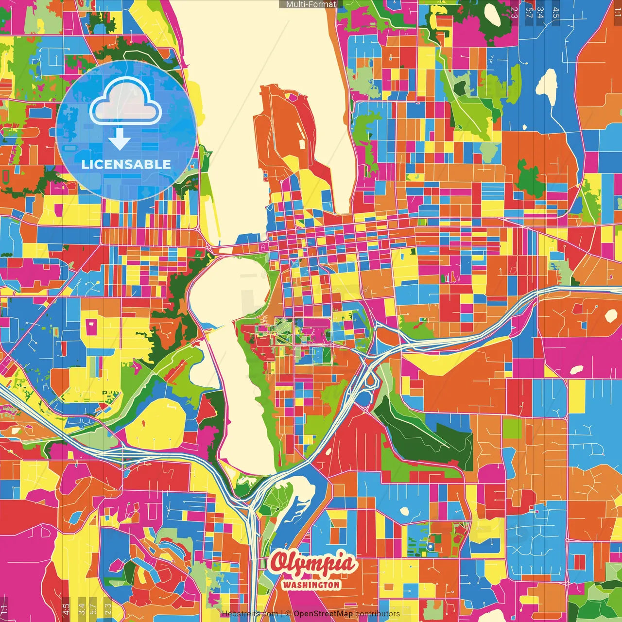 Olympia, Washington, United States Crazy Colorful Street Map Poster Template