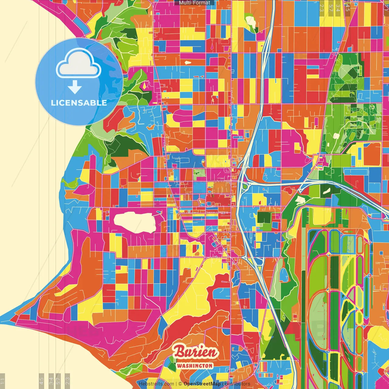 Burien, Washington, United States Crazy Colorful Street Map Poster Template
