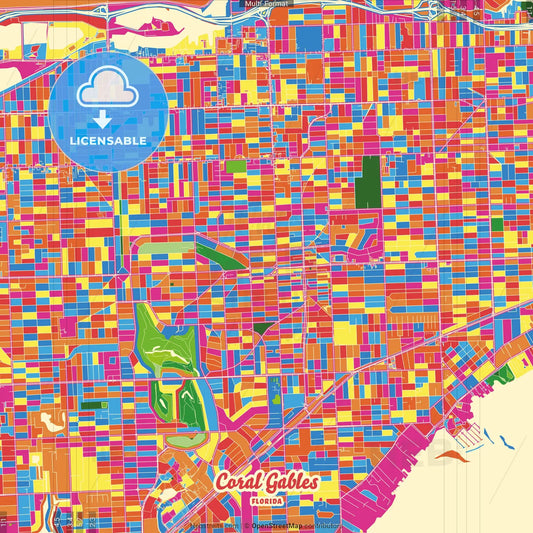 Coral Gables, Florida, United States Crazy Colorful Street Map Poster Template