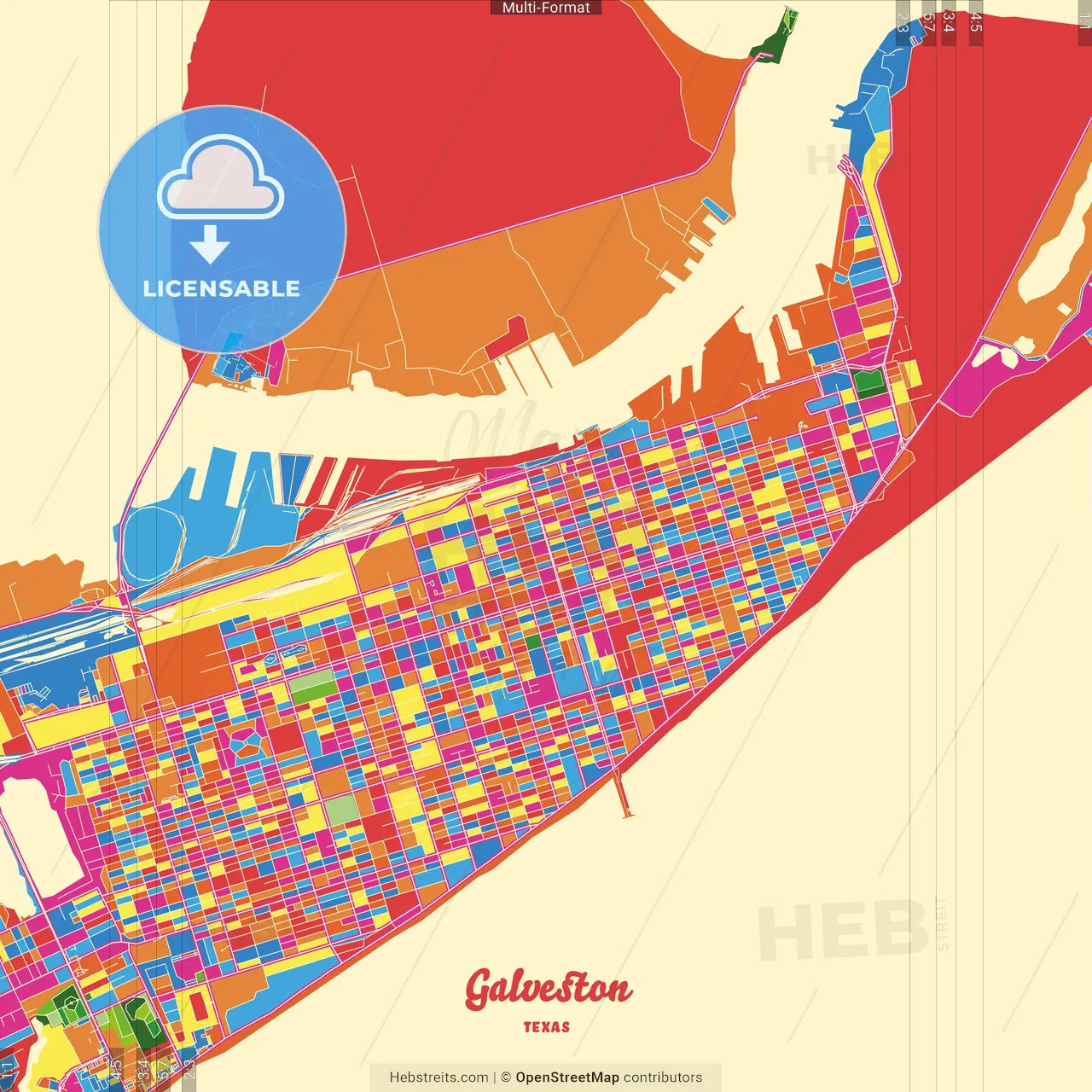 Galveston, Texas, United States Crazy Colorful Street Map Poster Template