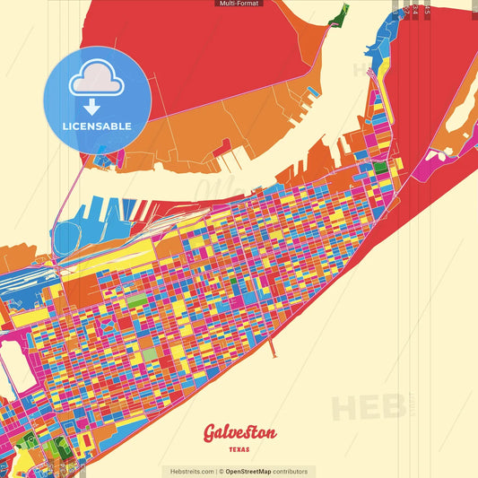 Galveston, Texas, United States Crazy Colorful Street Map Poster Template