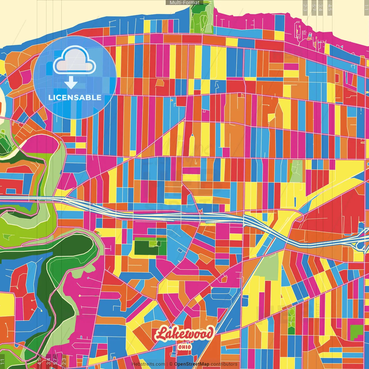 Lakewood, Ohio, United States Crazy Colorful Street Map Poster Template