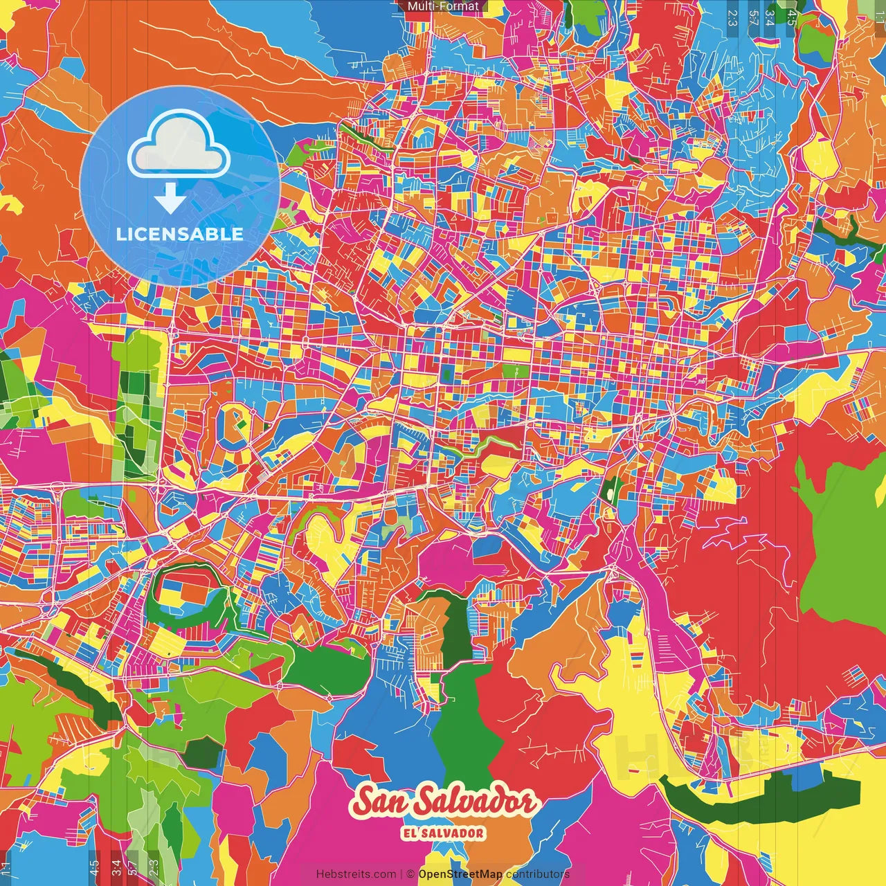 San Salvador, San Salvador, El Salvador Crazy Colorful Street Map Poster Template