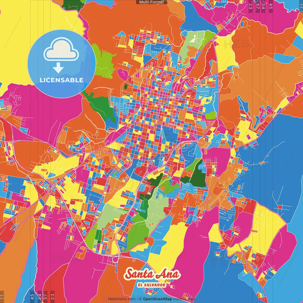 Santa Ana, Santa Ana, El Salvador Crazy Colorful Street Map Poster Template