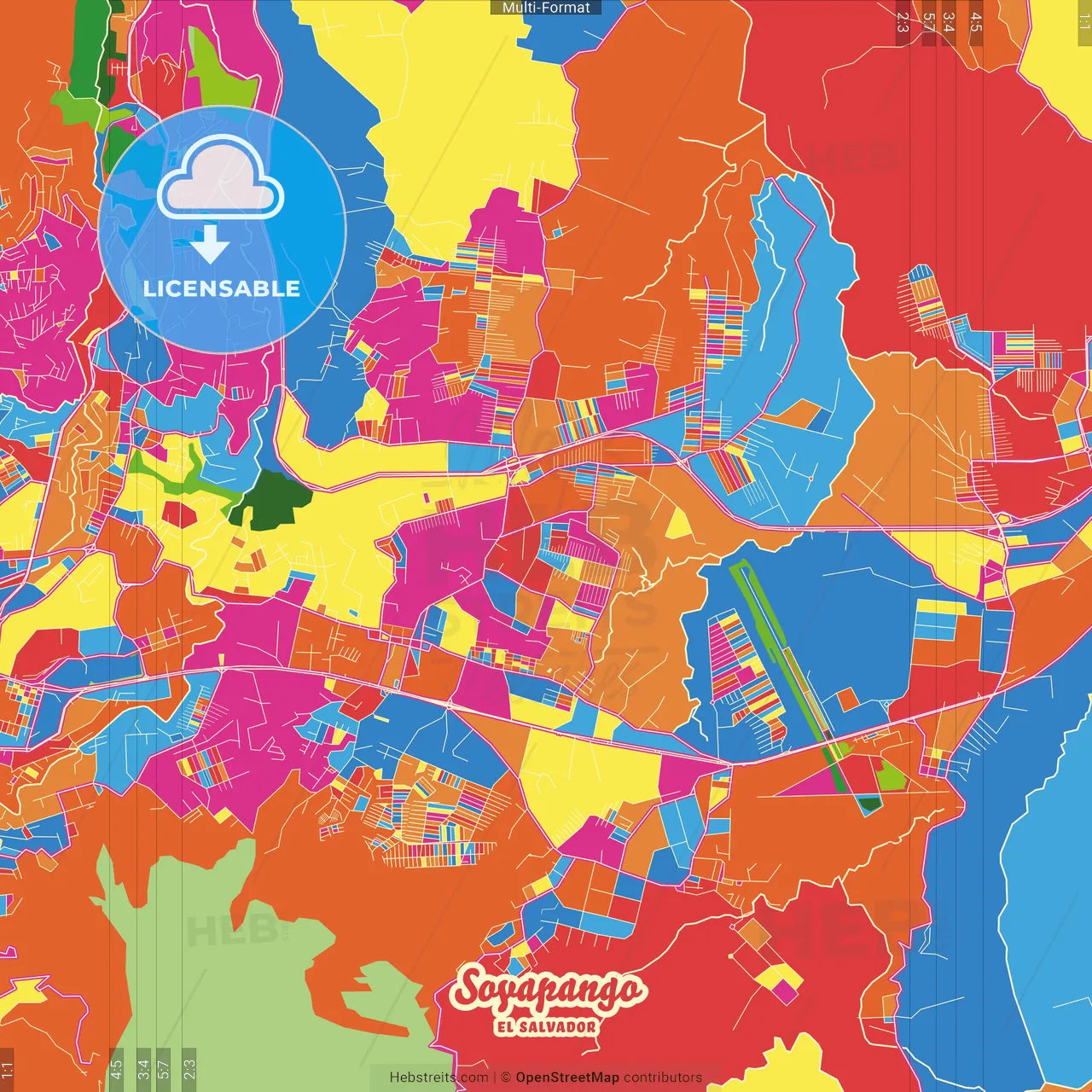 Soyapango, San Salvador, El Salvador Crazy Colorful Street Map Poster Template