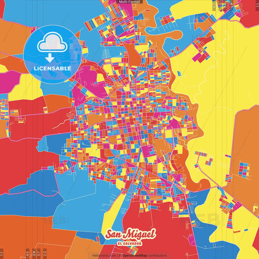 San Miguel, San Miguel, El Salvador Crazy Colorful Street Map Poster Template