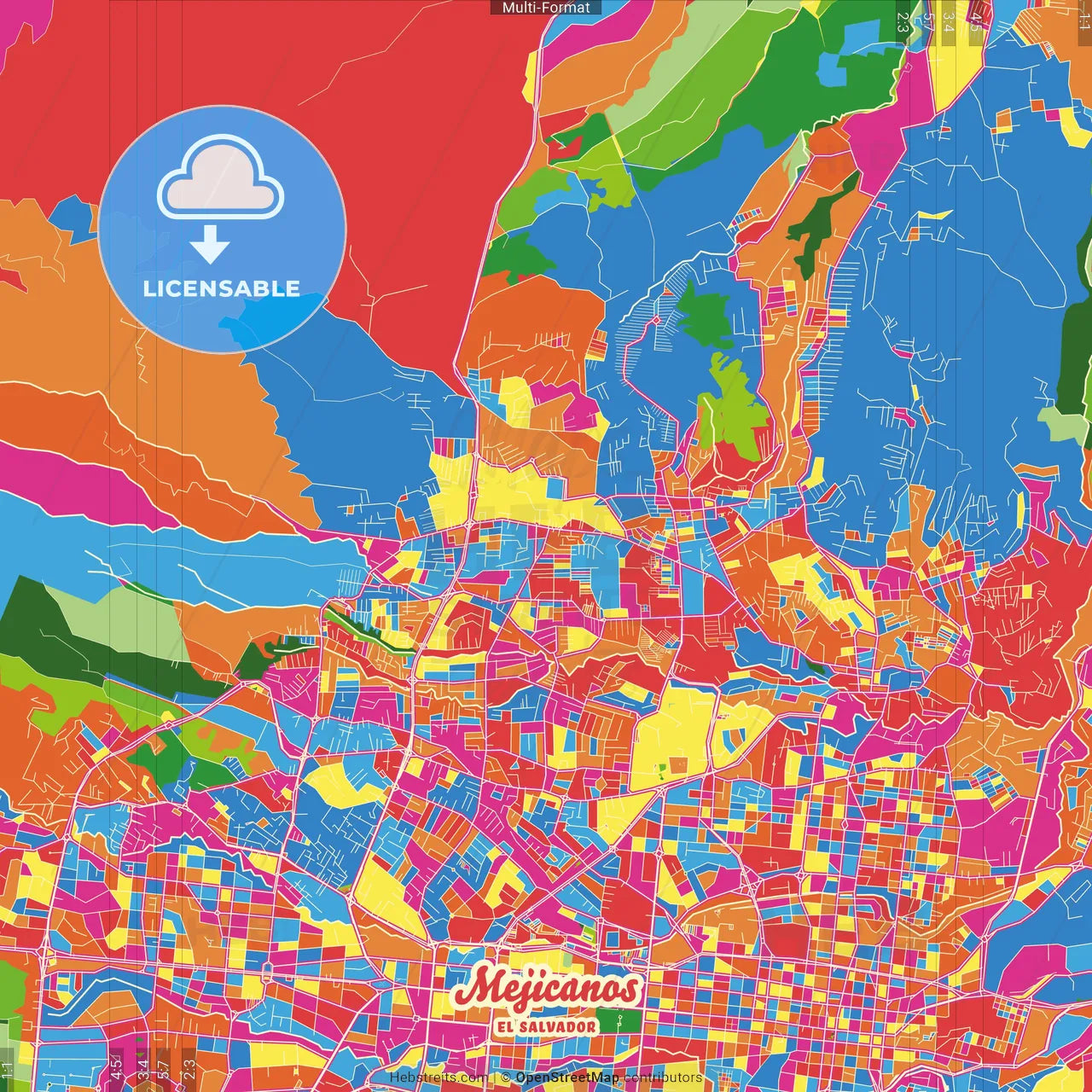 Mejicanos, San Salvador, El Salvador Crazy Colorful Street Map Poster Template