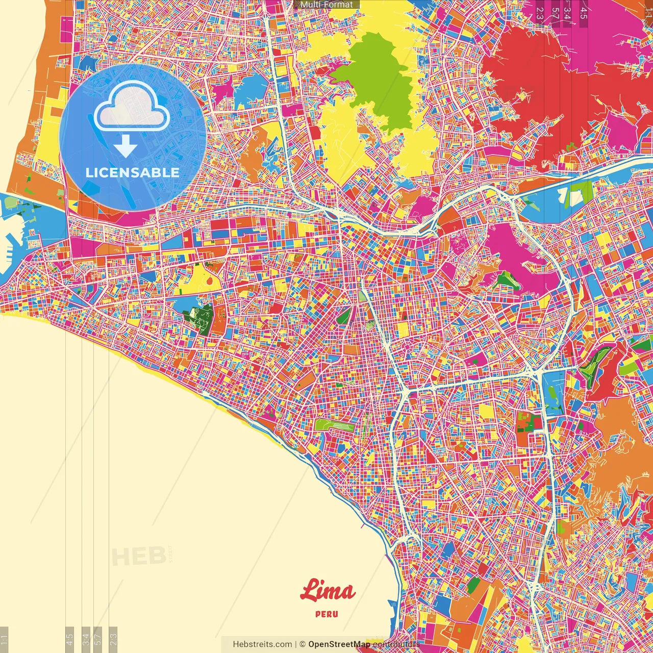 Lima, Peru Crazy Colorful Street Map Poster Template