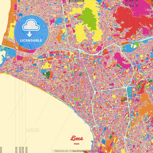 Lima, Peru Crazy Colorful Street Map Poster Template