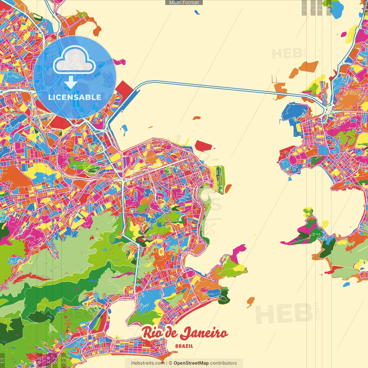 Rio de Janeiro, Brazil Crazy Colorful Street Map Poster Template