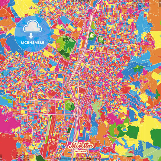 Medellin, Colombia Crazy Colorful Street Map Poster Template