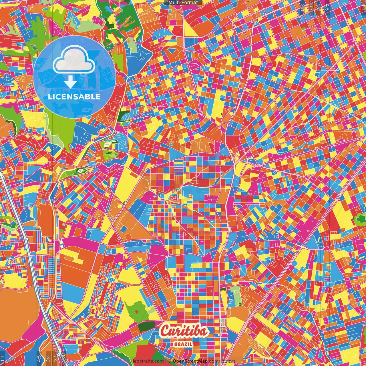 Curitiba, Brazil Crazy Colorful Street Map Poster Template