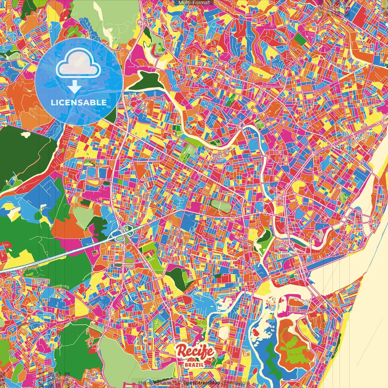 Recife, Brazil Crazy Colorful Street Map Poster Template