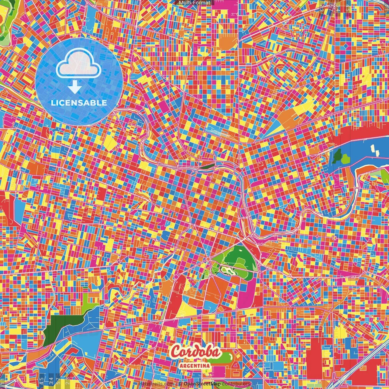 Cordoba, Argentina Crazy Colorful Street Map Poster Template