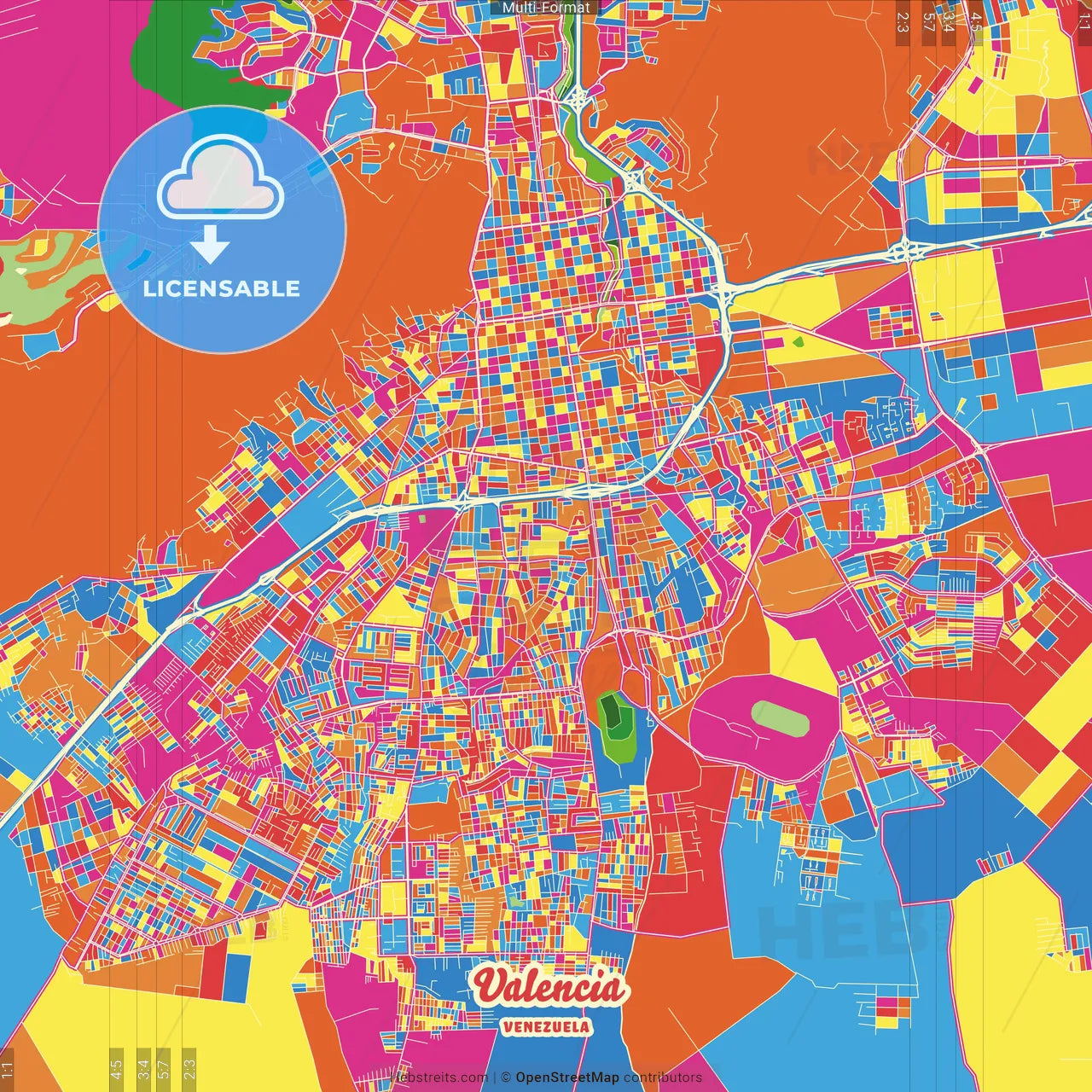 Valencia, Venezuela Crazy Colorful Street Map Poster Template