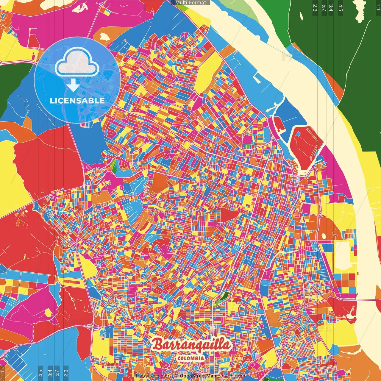 Barranquilla, Colombia Crazy Colorful Street Map Poster Template