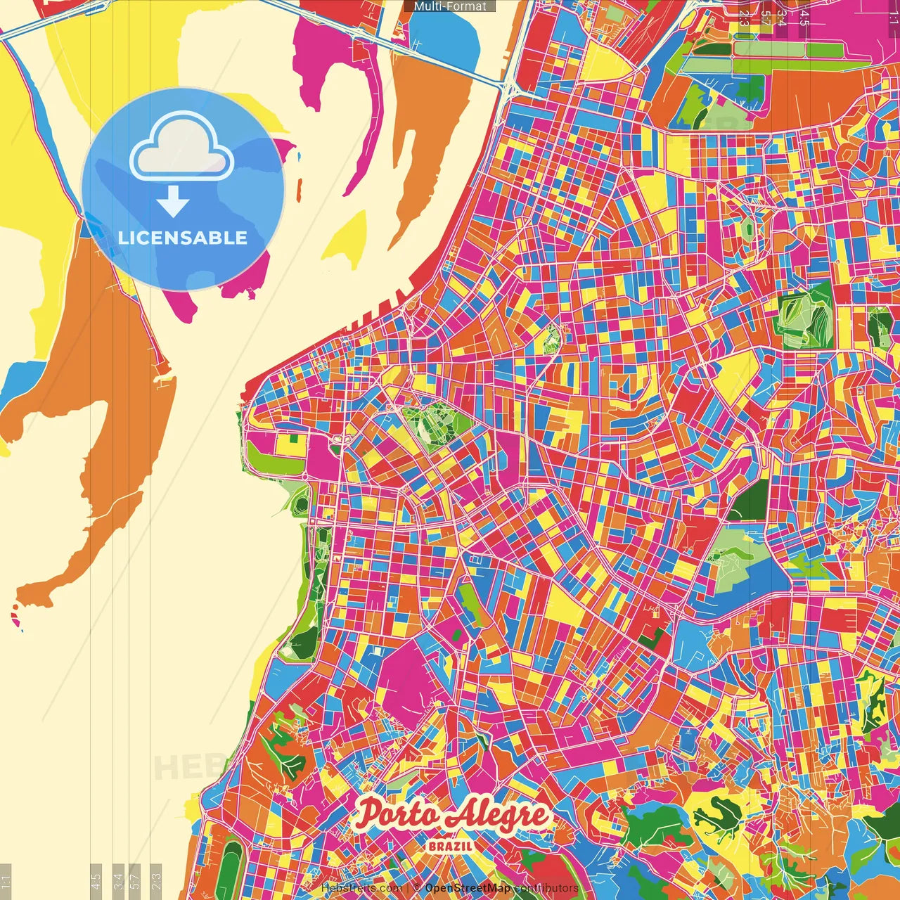 Porto Alegre, Brazil Crazy Colorful Street Map Poster Template