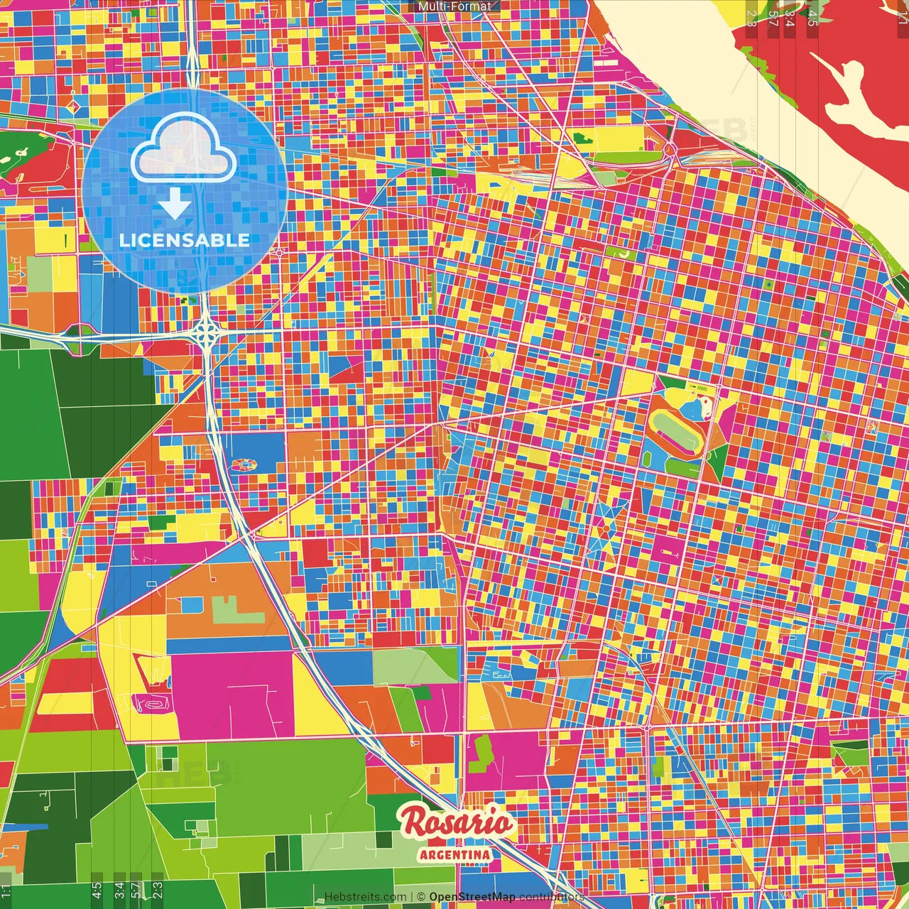 Rosario, Argentina Crazy Colorful Street Map Poster Template