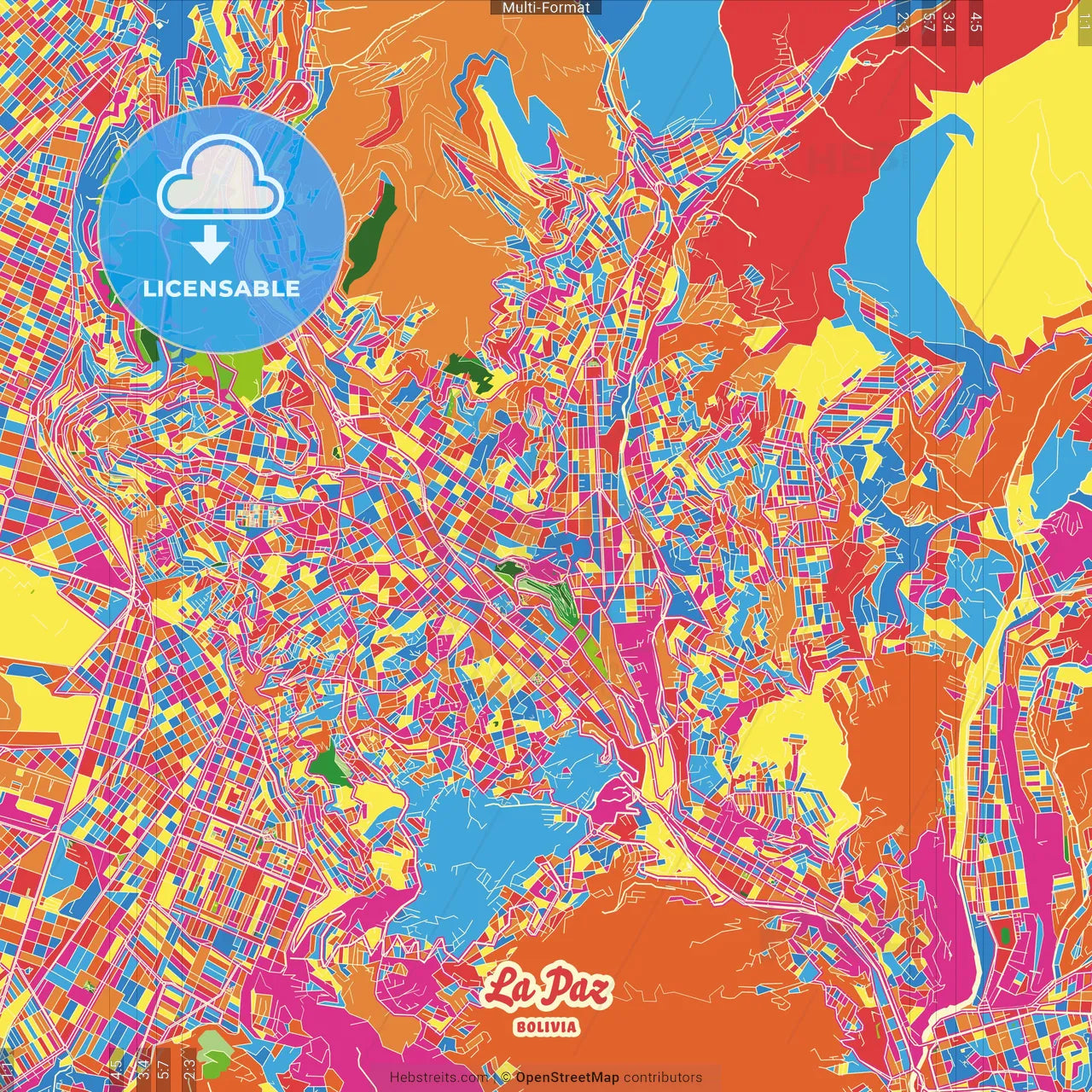 La Paz, Bolivia Crazy Colorful Street Map Poster Template