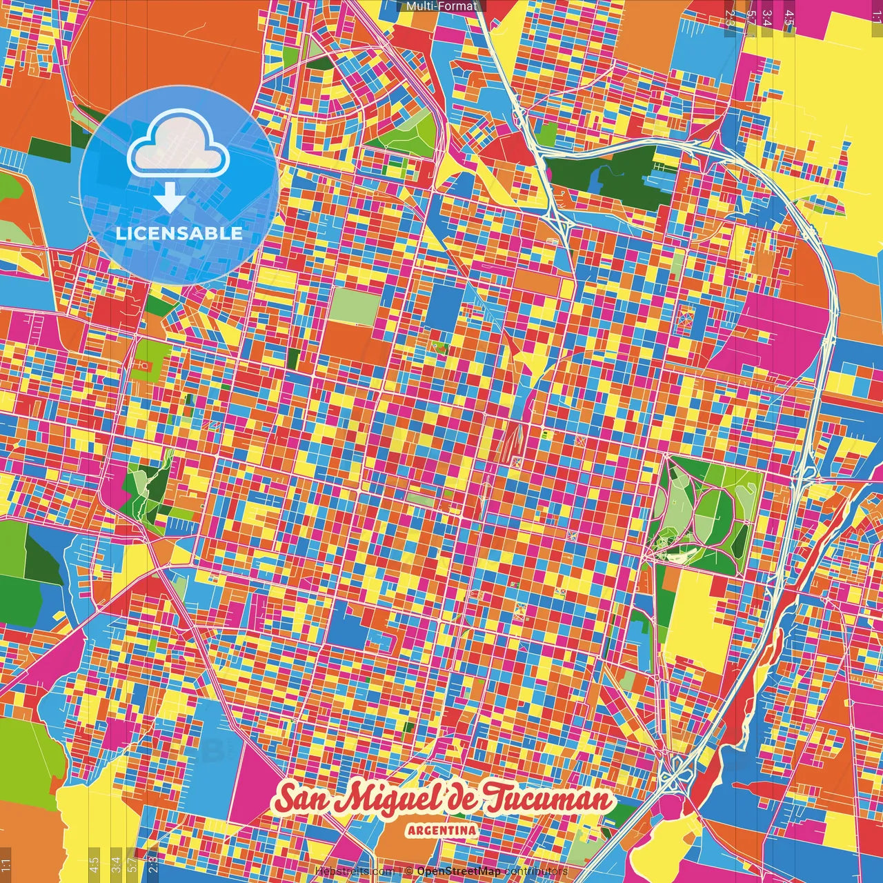 San Miguel de Tucuman, Argentina Crazy Colorful Street Map Poster Template