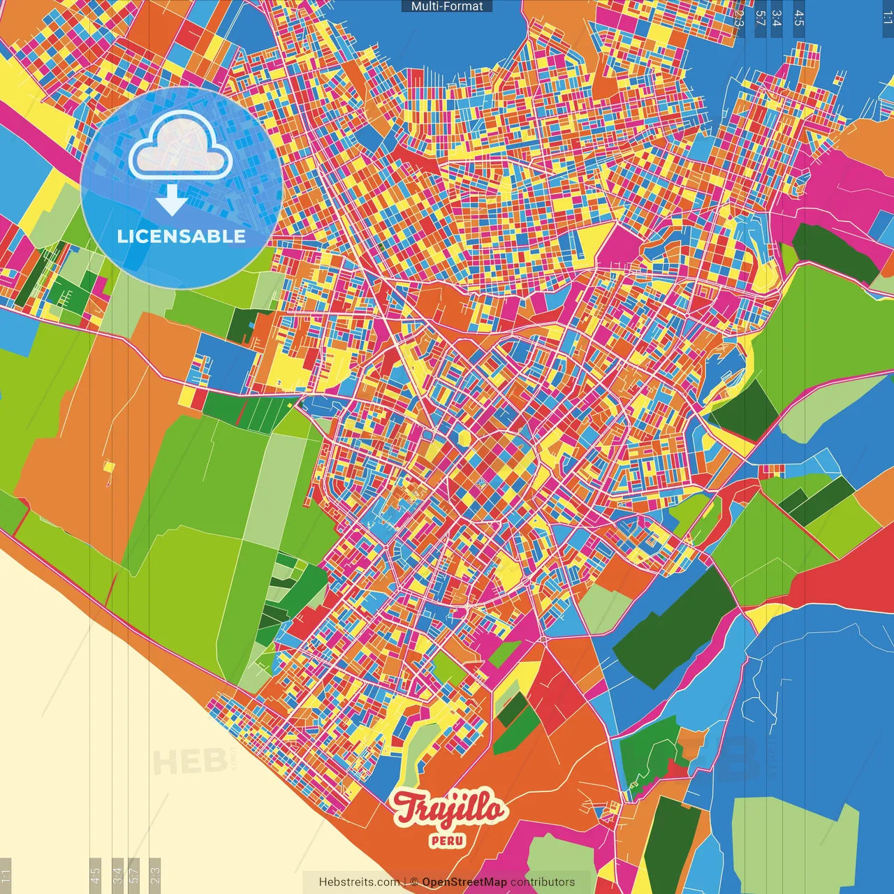 Trujillo, Peru Crazy Colorful Street Map Poster Template