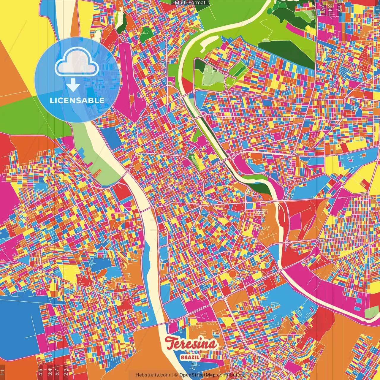 Teresina, Brazil Crazy Colorful Street Map Poster Template