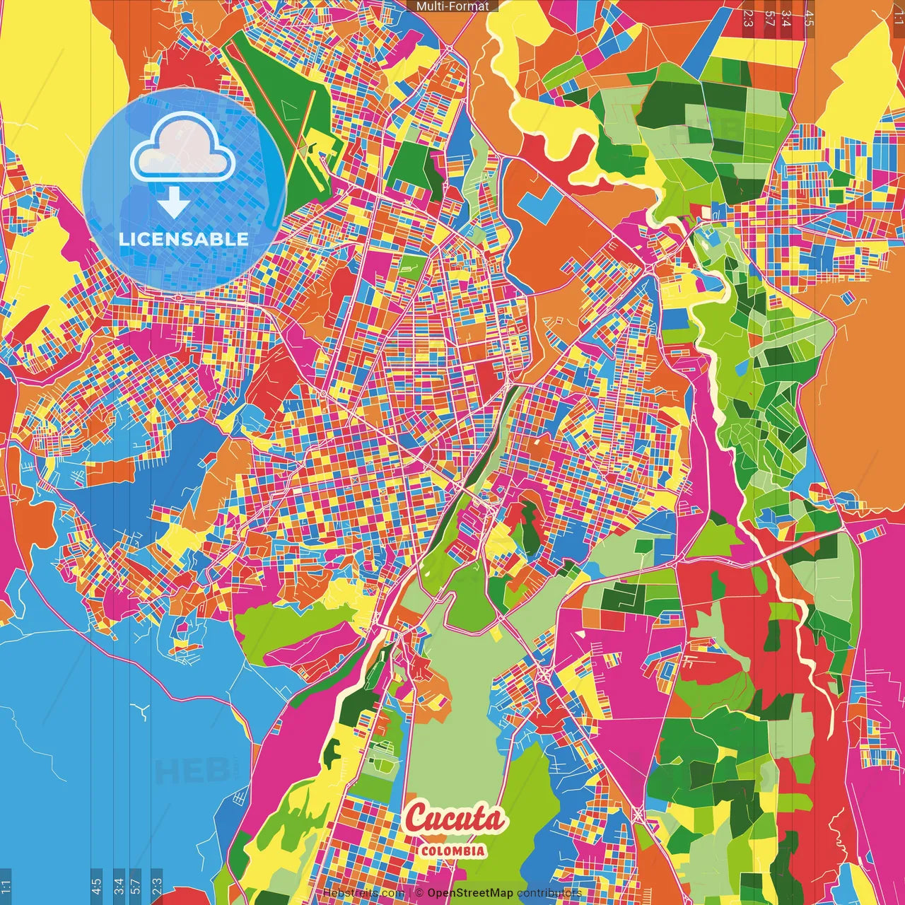 Cucuta, Colombia Crazy Colorful Street Map Poster Template
