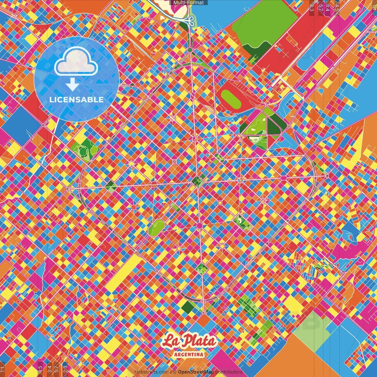 La Plata, Argentina Crazy Colorful Street Map Poster Template