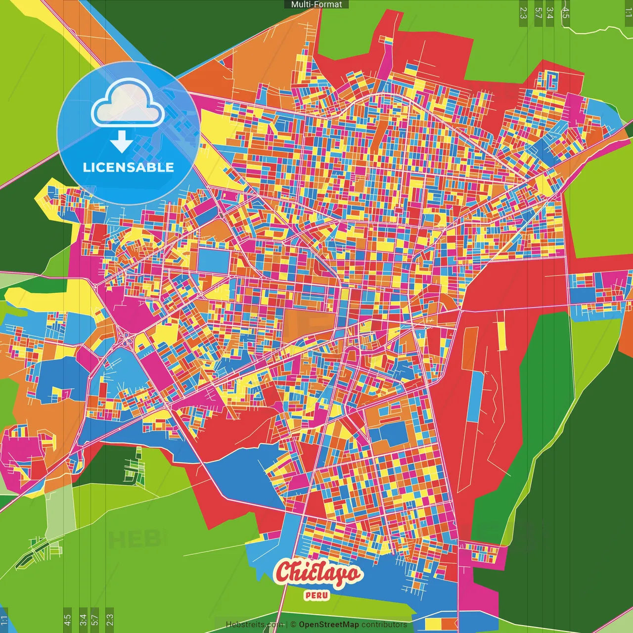 Chiclayo, Peru Crazy Colorful Street Map Poster Template