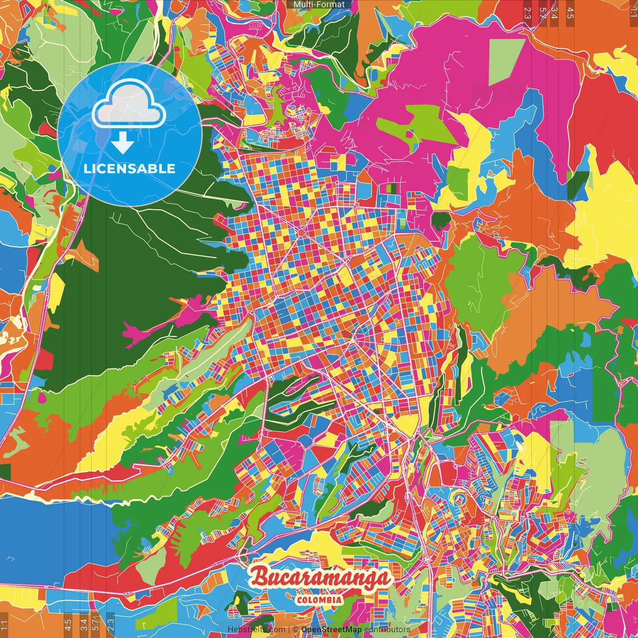 Bucaramanga, Colombia Crazy Colorful Street Map Poster Template