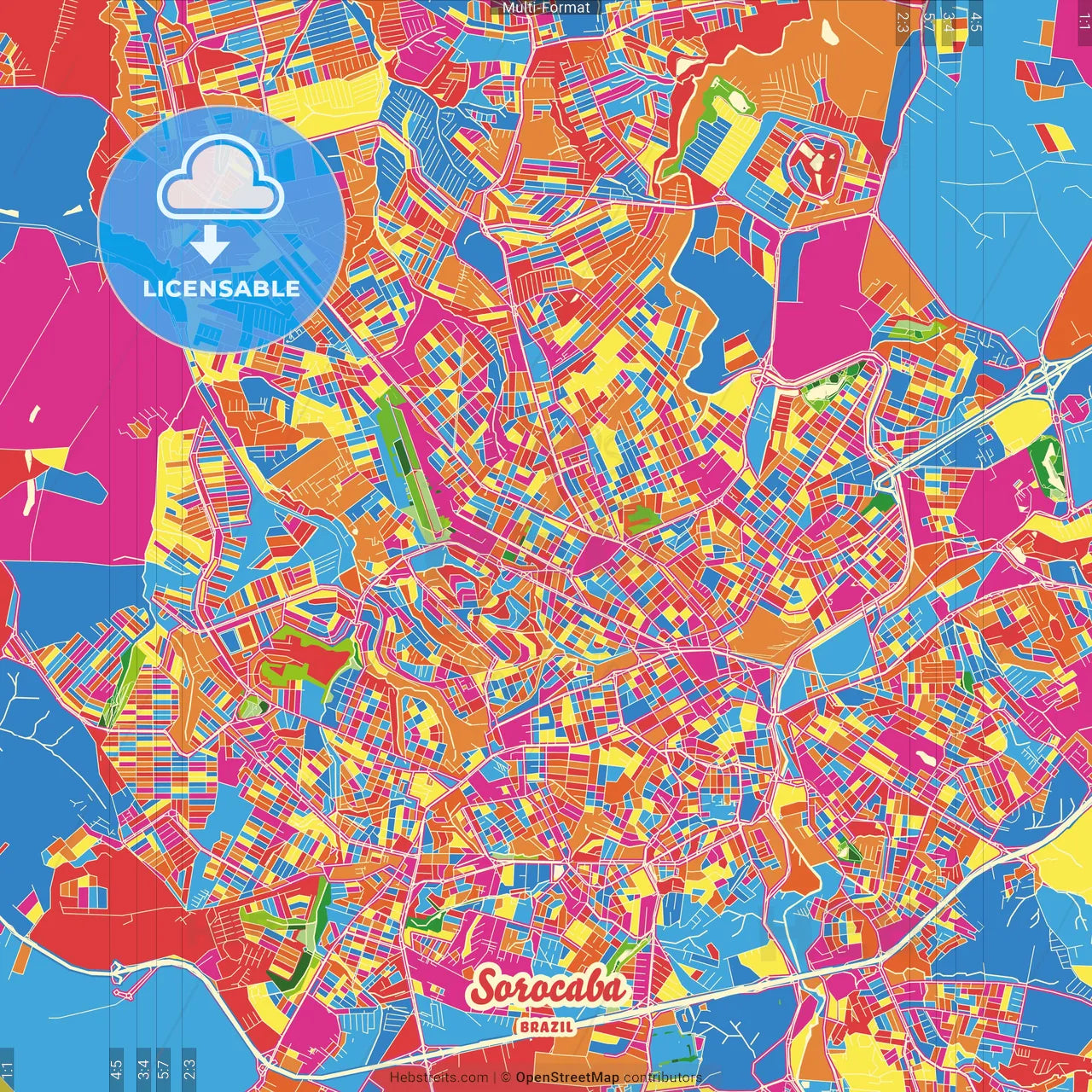 Sorocaba, Brazil Crazy Colorful Street Map Poster Template