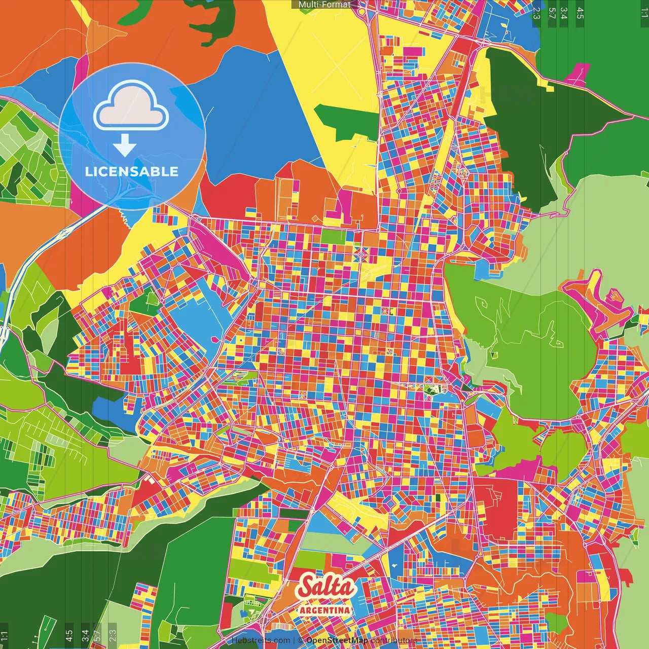 Salta, Argentina Crazy Colorful Street Map Poster Template