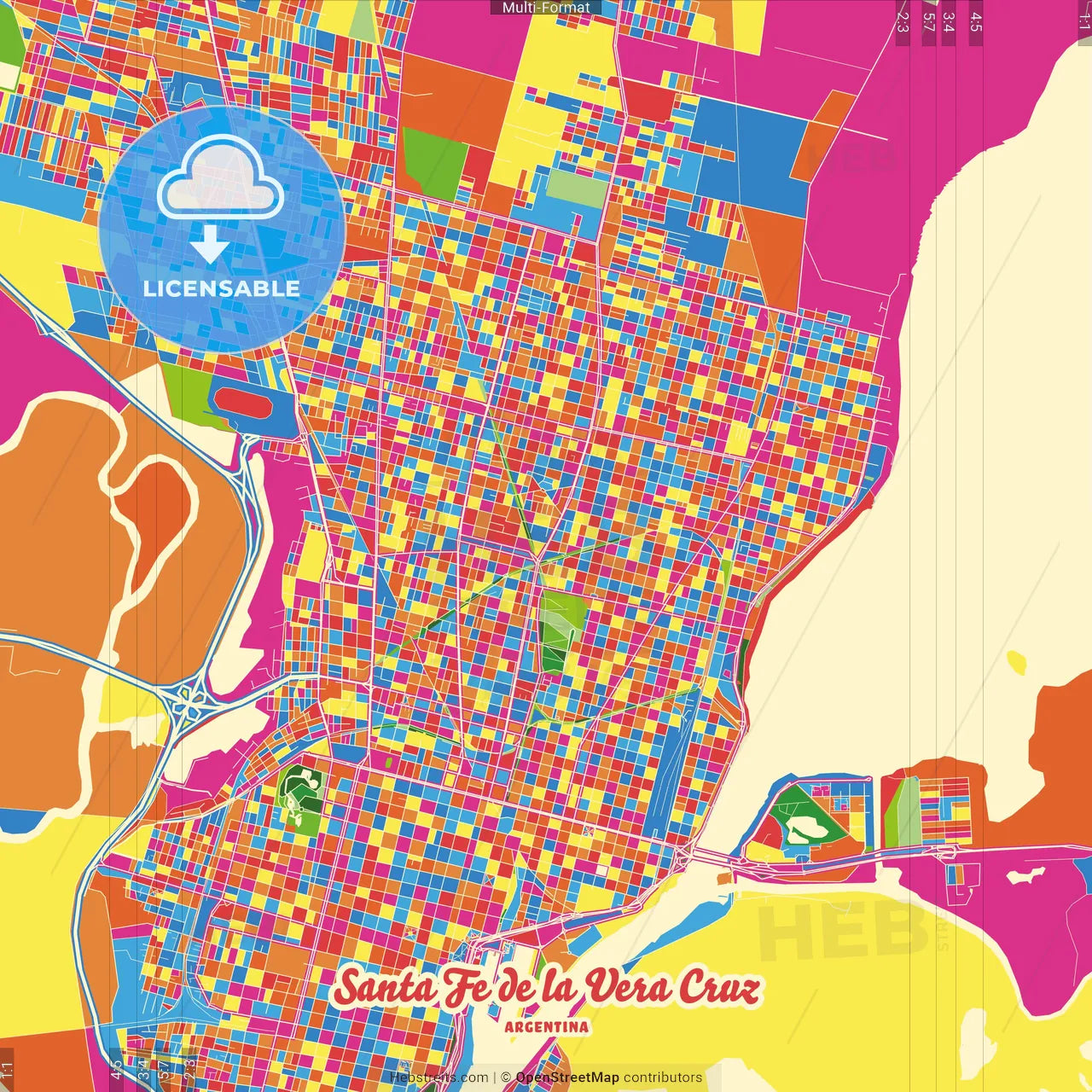 Santa Fe de la Vera Cruz, Argentina Crazy Colorful Street Map Poster Template