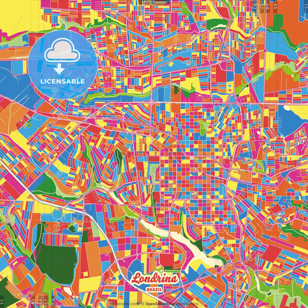 Londrina, Brazil Crazy Colorful Street Map Poster Template