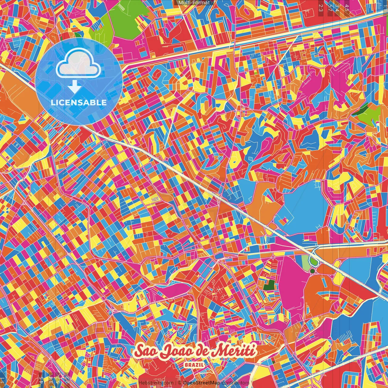 Sao Joao de Meriti, Brazil Crazy Colorful Street Map Poster Template