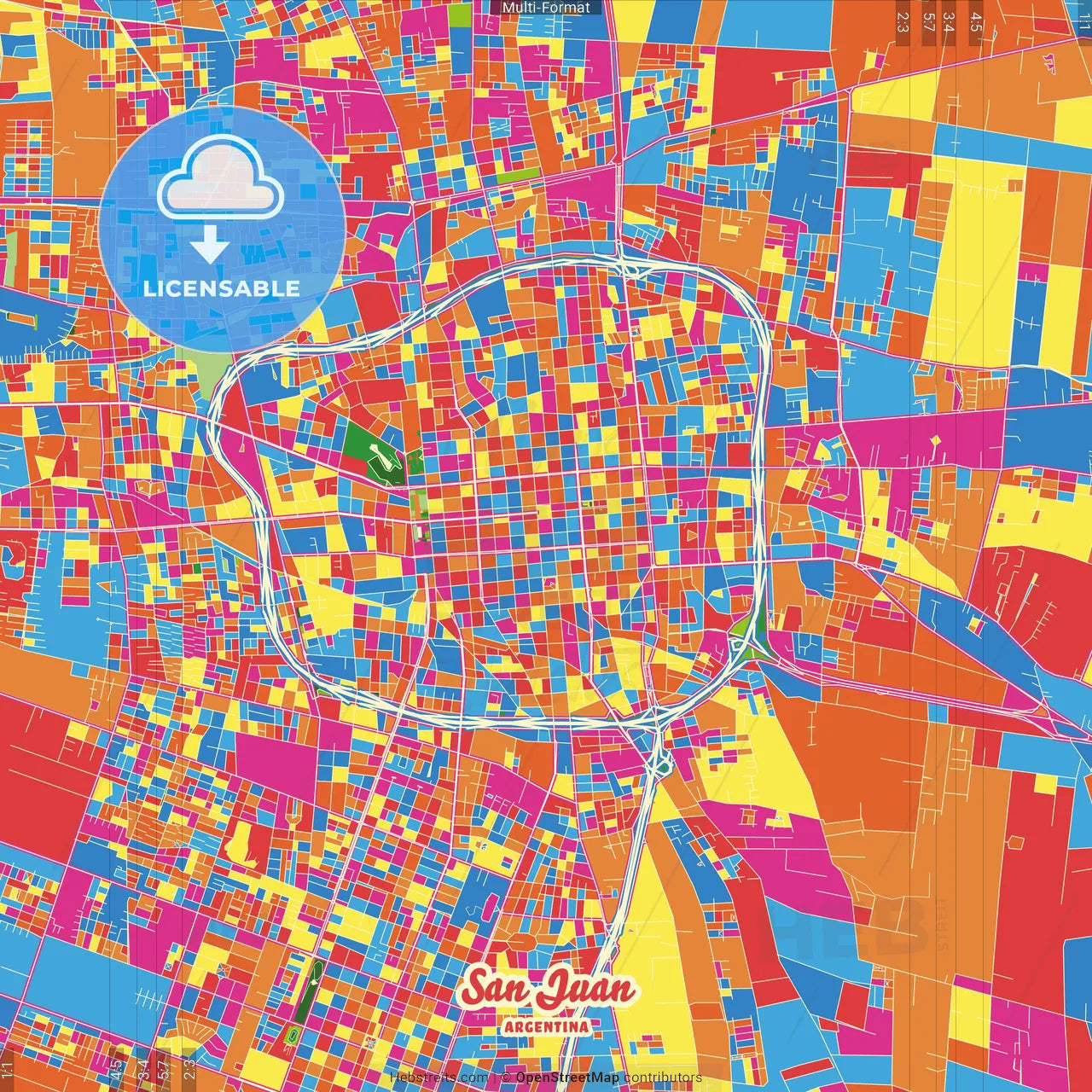 San Juan, Argentina Crazy Colorful Street Map Poster Template