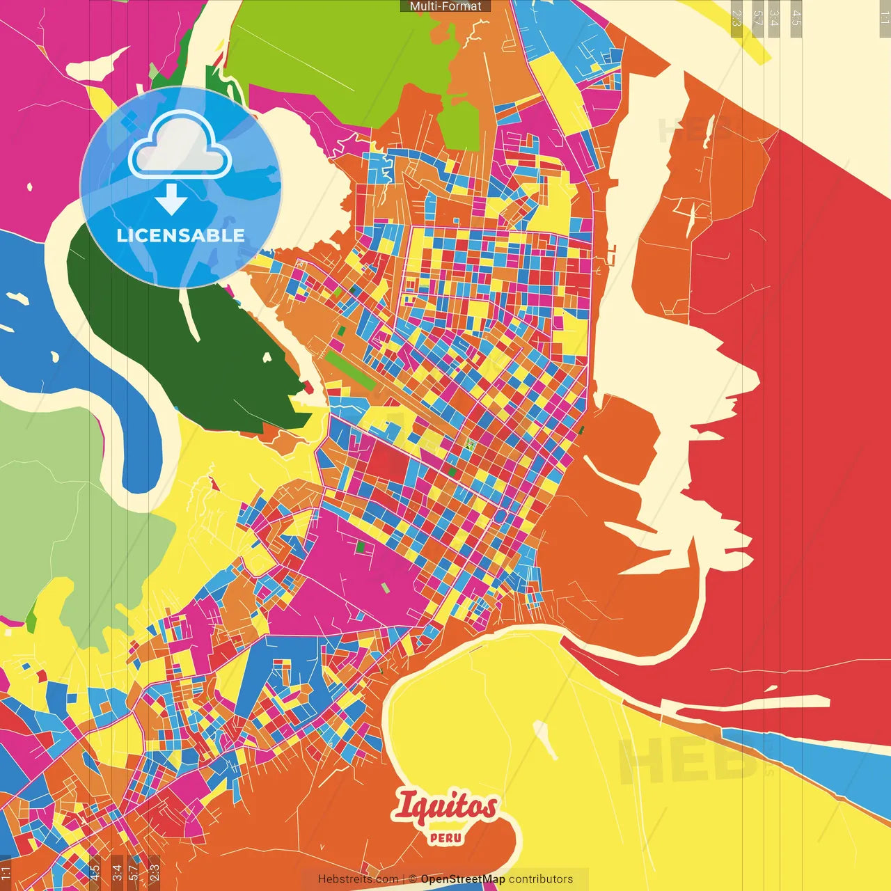 Iquitos, Peru Crazy Colorful Street Map Poster Template