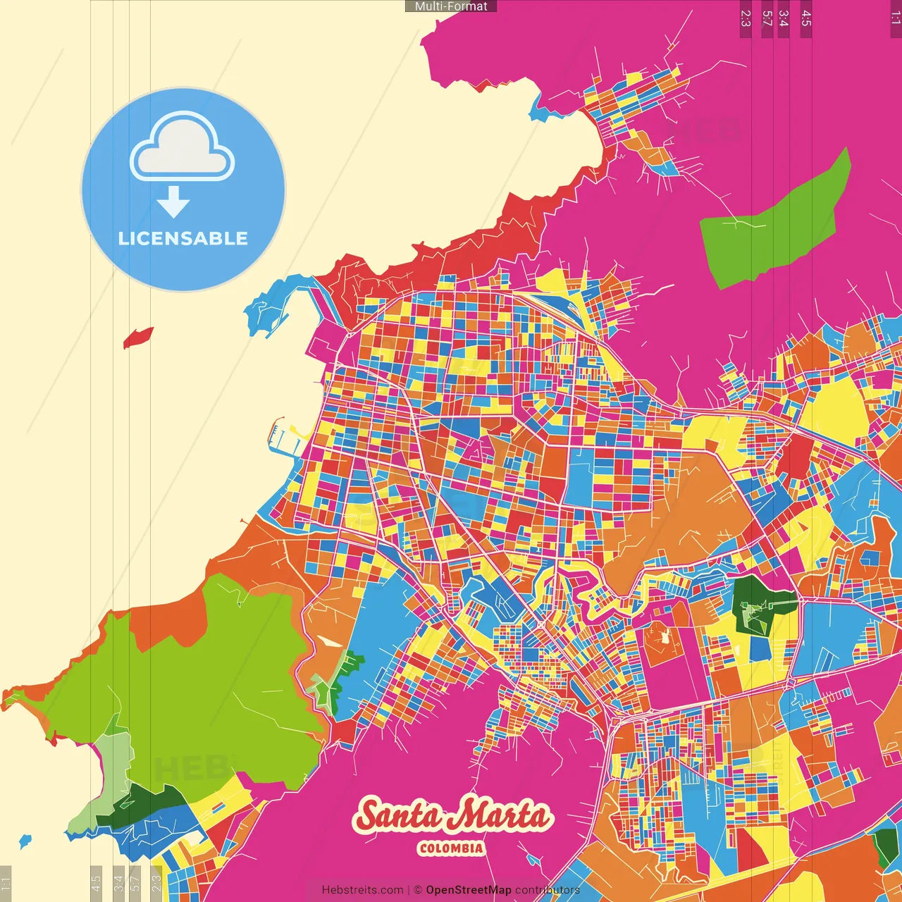 Santa Marta, Colombia Crazy Colorful Street Map Poster Template