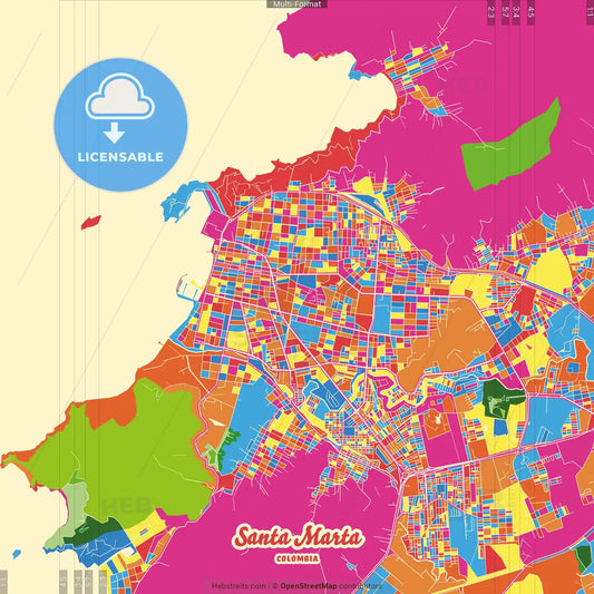 Santa Marta, Colombia Crazy Colorful Street Map Poster Template