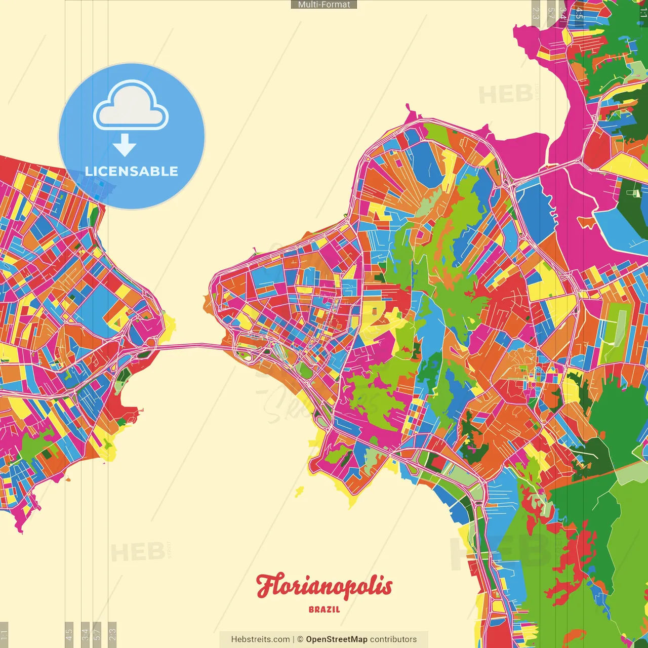 Florianopolis, Brazil Crazy Colorful Street Map Poster Template